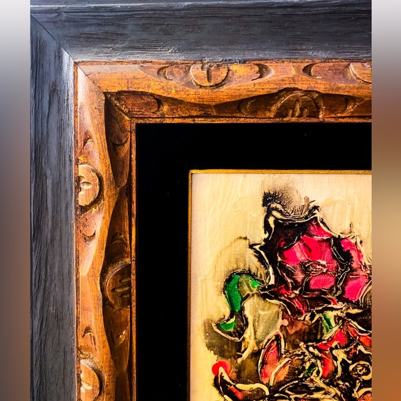 Vintage 1965 Palette Knife Floral Oil Painting Signed MCM Wood Velvet Frame - Picture 3 of 16